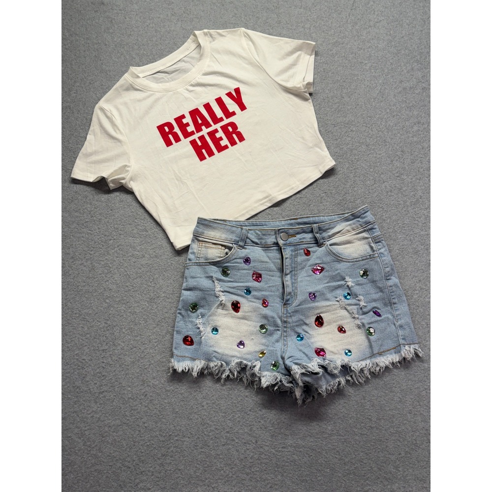 Really‎ Her Graphic Crop Top and Rhinestone Distressed Denim Shorts Set Large